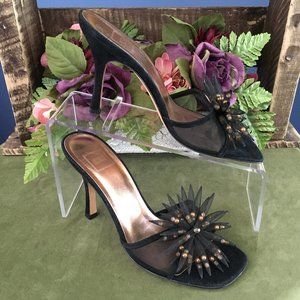 REED EVINS Black Lotus Flower Mesh Heel Sandal Size 7 (works for 6 too)